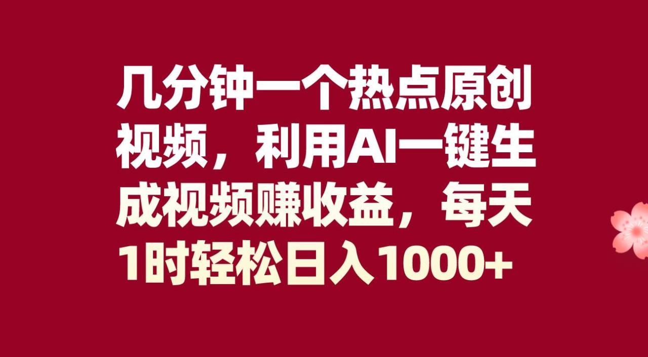 几分钟一个热点原创视频，利用AI一键生成视频赚收益，每天1时轻松日入1000+-BT网赚资源网