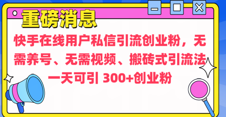 通过给快手在线用户私信引流创业粉，无需养号、无需视频、搬砖式引流法，一天可引300+创业粉-BT网赚资源网